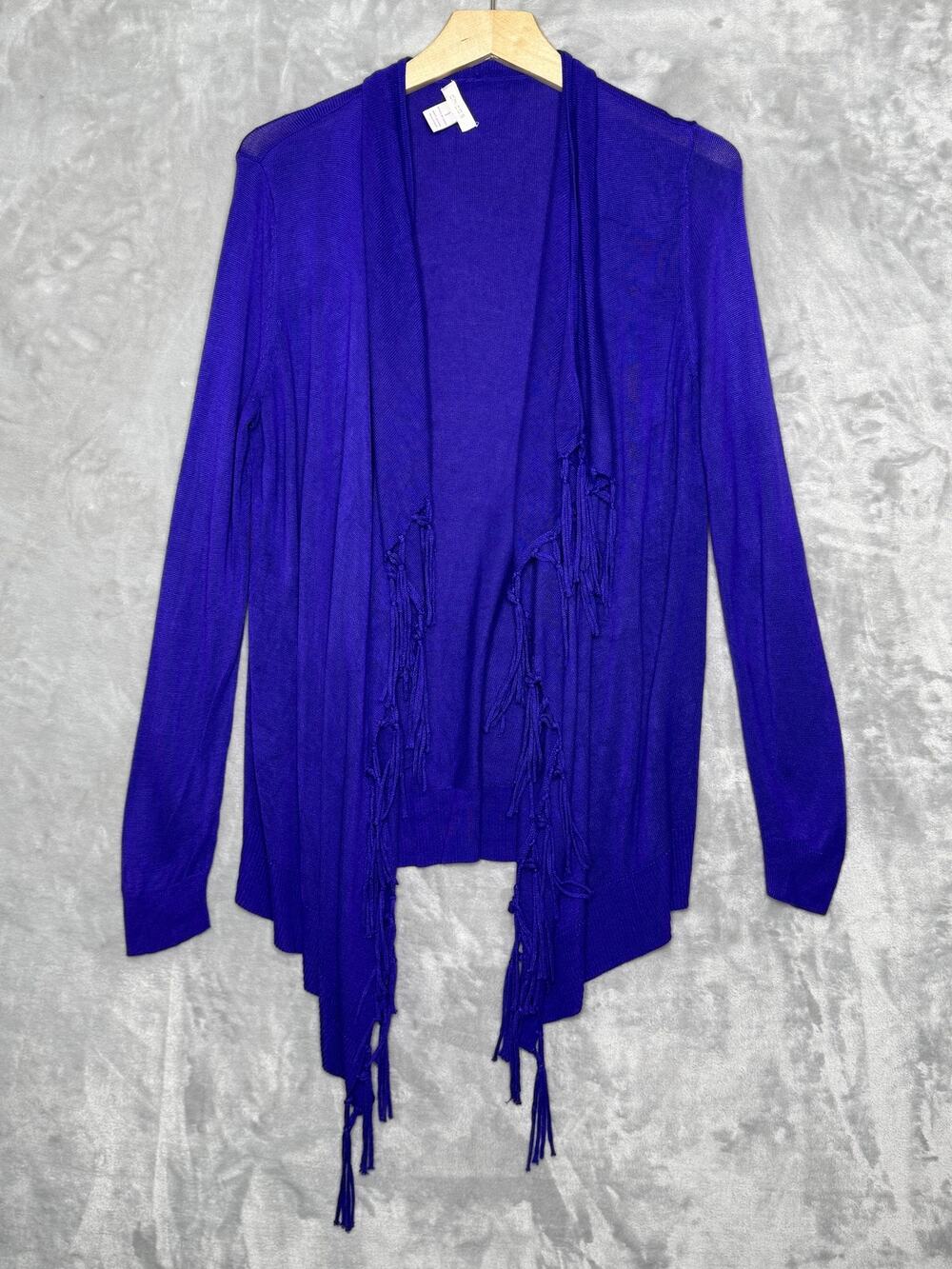 Chico's Cardigan Sweater Womens Medium Purple Fringe Open Front Lightweight